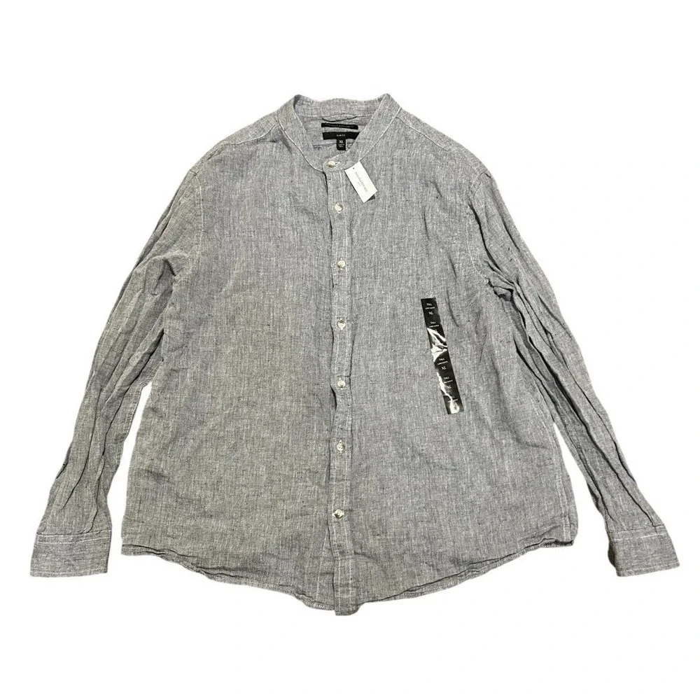 NWT Banana Republic Linen Blend Band Collar Shirt Gray Slim Fit XL Tall